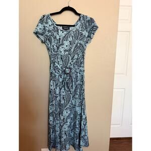 Perceptions Paisley Midi Dress Blue Black Short Sleeve Belted Small NWOT